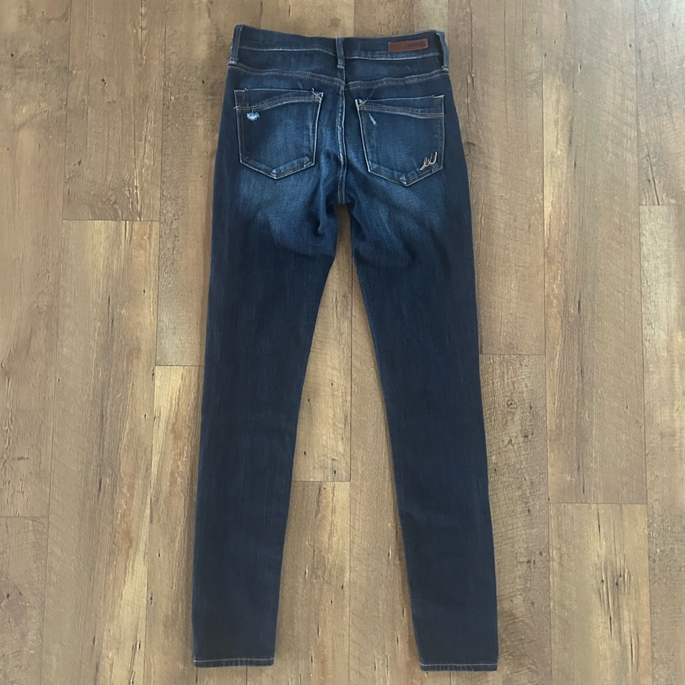 Express Distressed Skinny Jeans Dark Wash Mid Rise Stretch Denim Size 0R - Picture 2 of 10